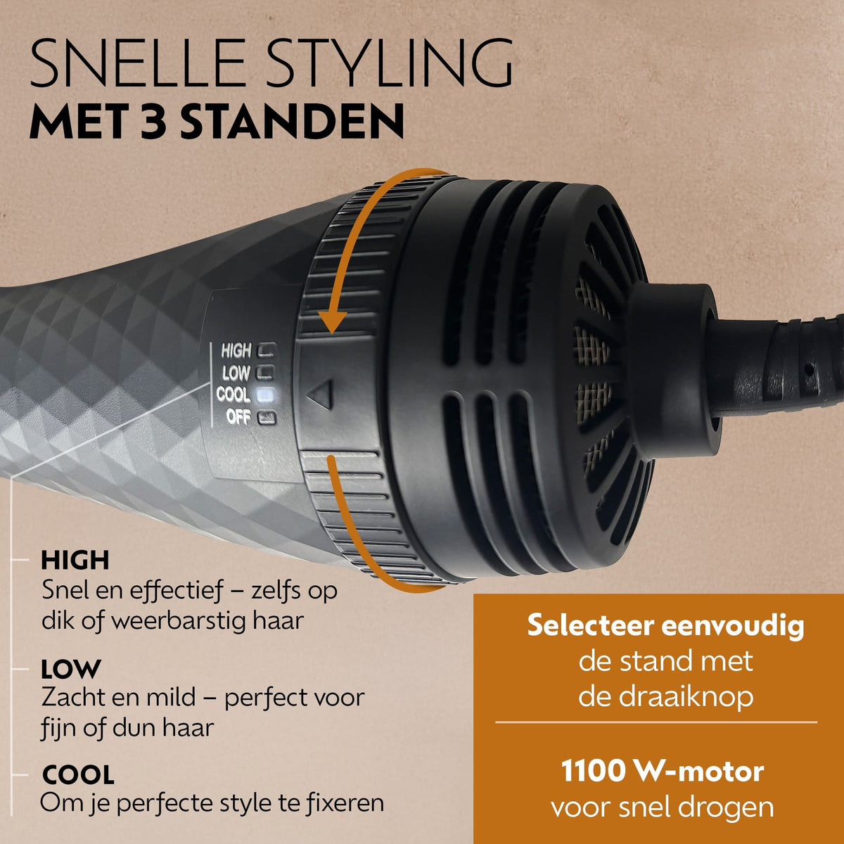 Ted Hilley DuoStyle föhnborstel met 3 standen (HIGH, LOW, COOL) en 1100 W-motor