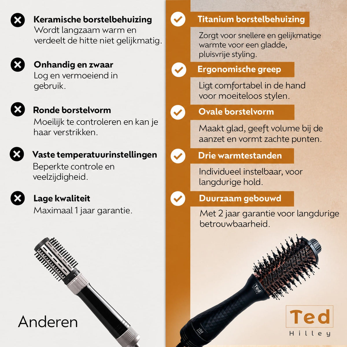 Vergelijking van de Ted Hilley DuoStyle met titanium borstelhuis en ovale borstelvorm met andere föhnborstels