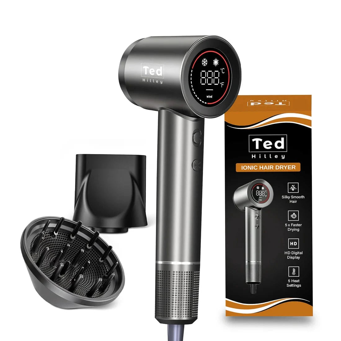 Ted Hilley Ionische Fohn - Beste Fohn 2025 (Krullenclub) met ionentechnologie en HD-display voor krullend haar