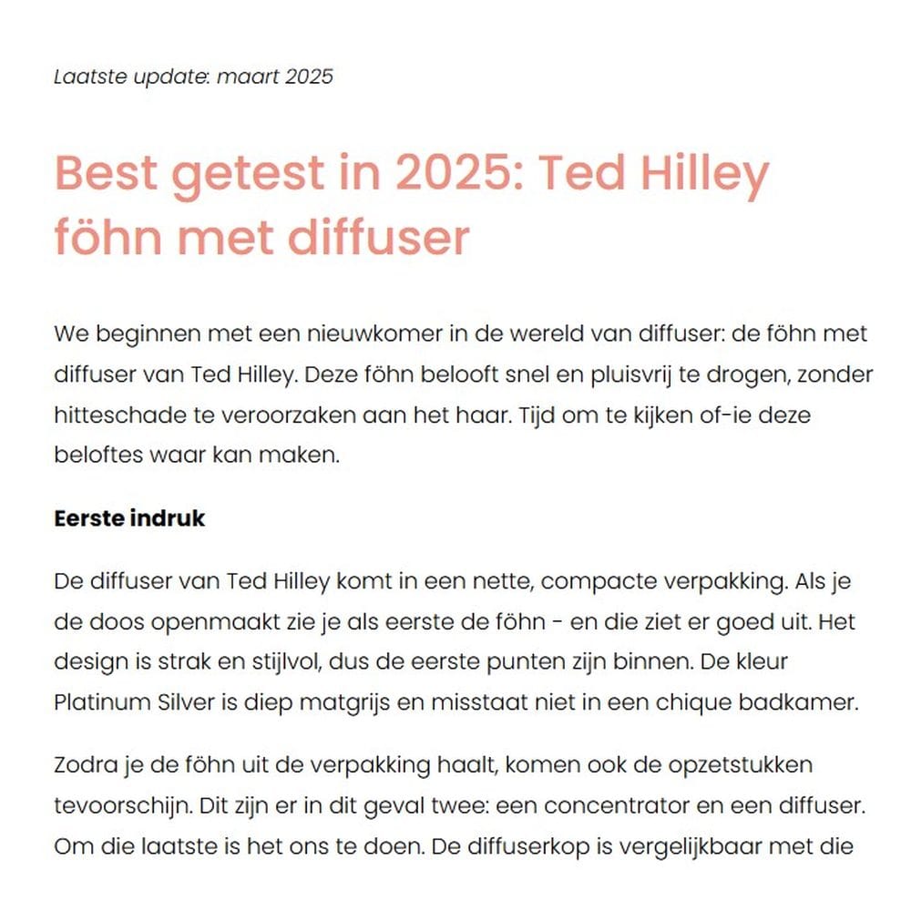 Screenshot van een review waarin de Ted Hilley ionische föhn met diffuser wordt uitgeroepen tot een van de best geteste föhns van 2025, met aandacht voor design, prestaties en droogresultaat.