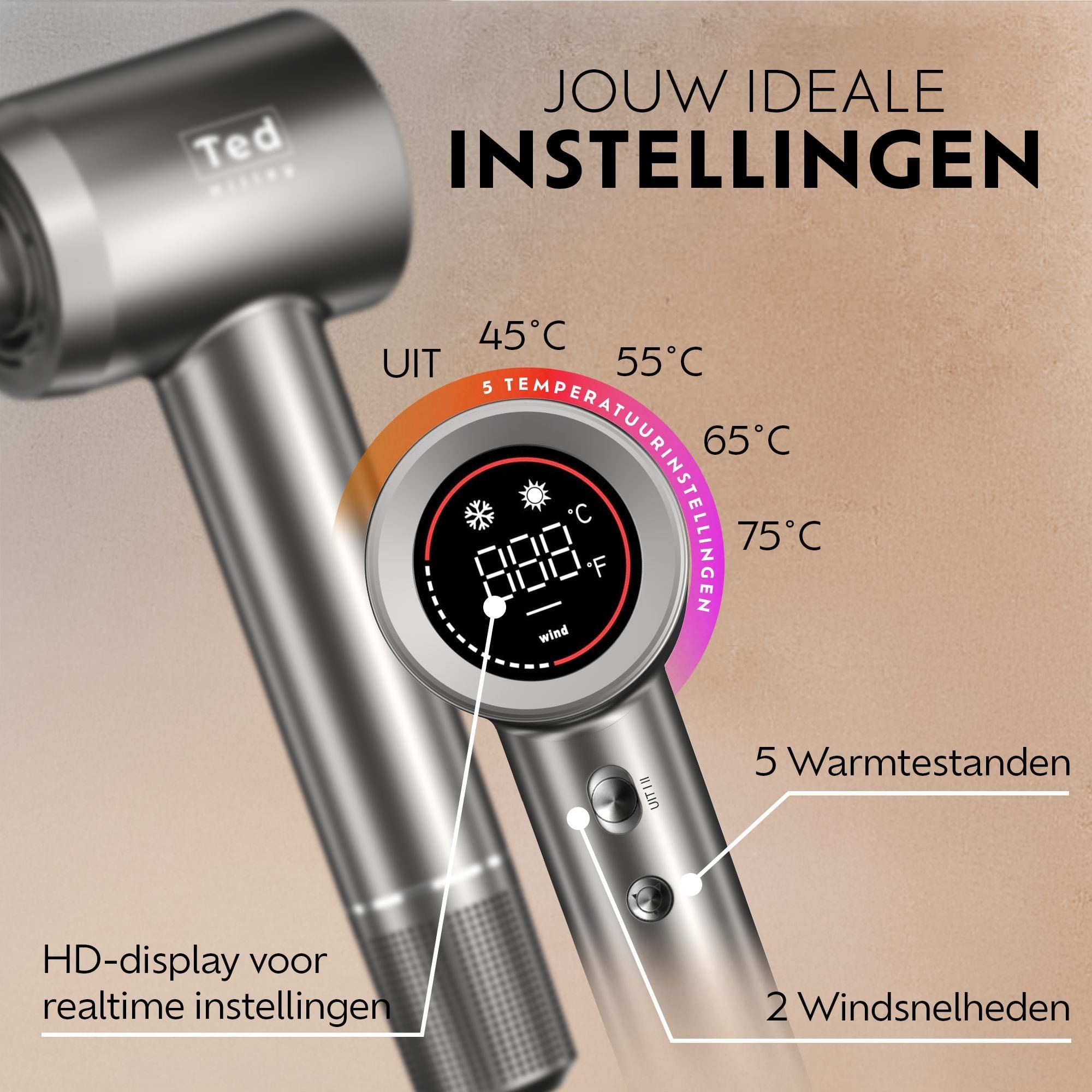 Ted Hilley Ionische Fohn - Beste Fohn 2025 (Krullenclub) met HD-display, 5 warmtestanden en 2 snelheden