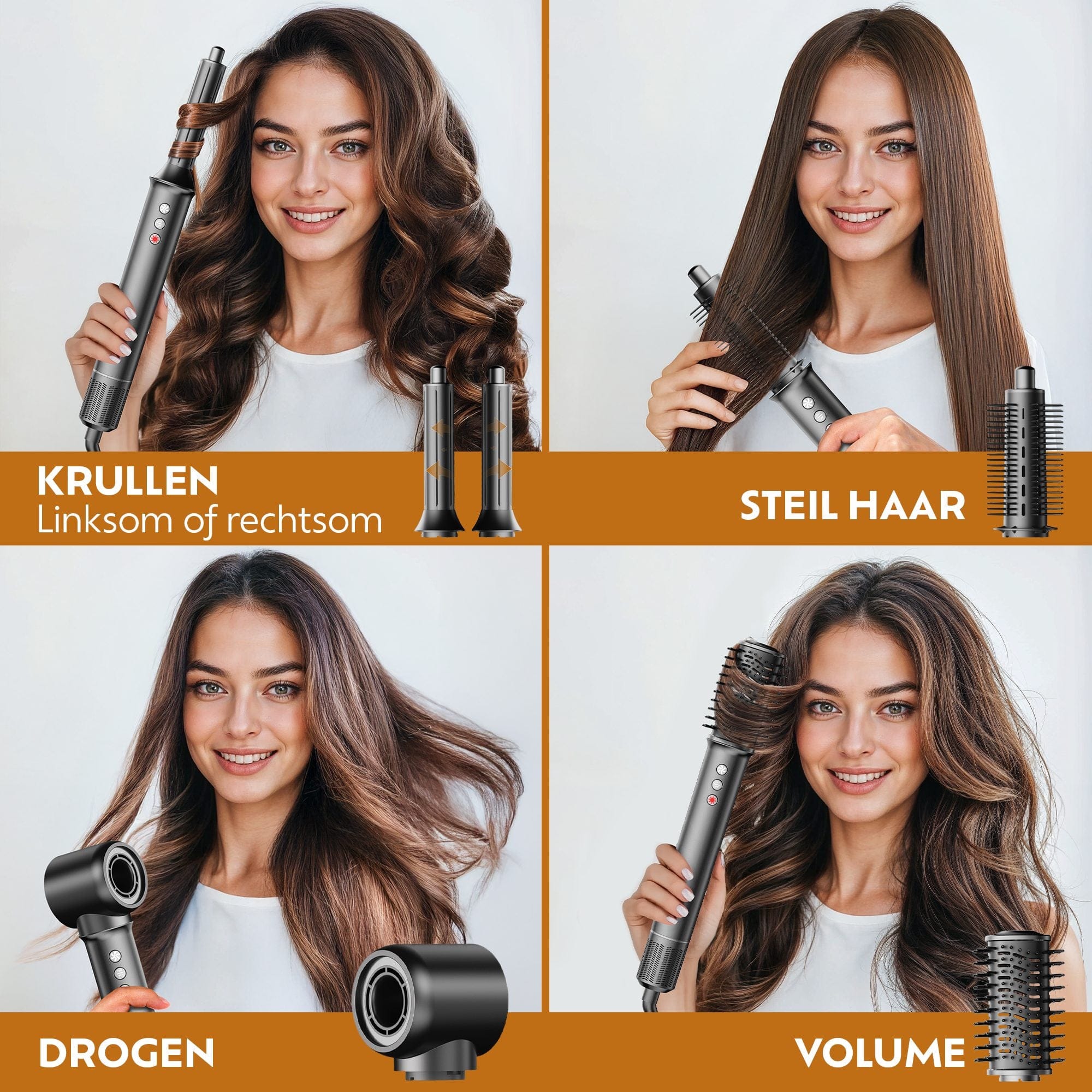 Vrouw toont kapsels krullen steil haar drogen volume met Beste Multistyler 5 in 1 Haarstyler Fashionchick.