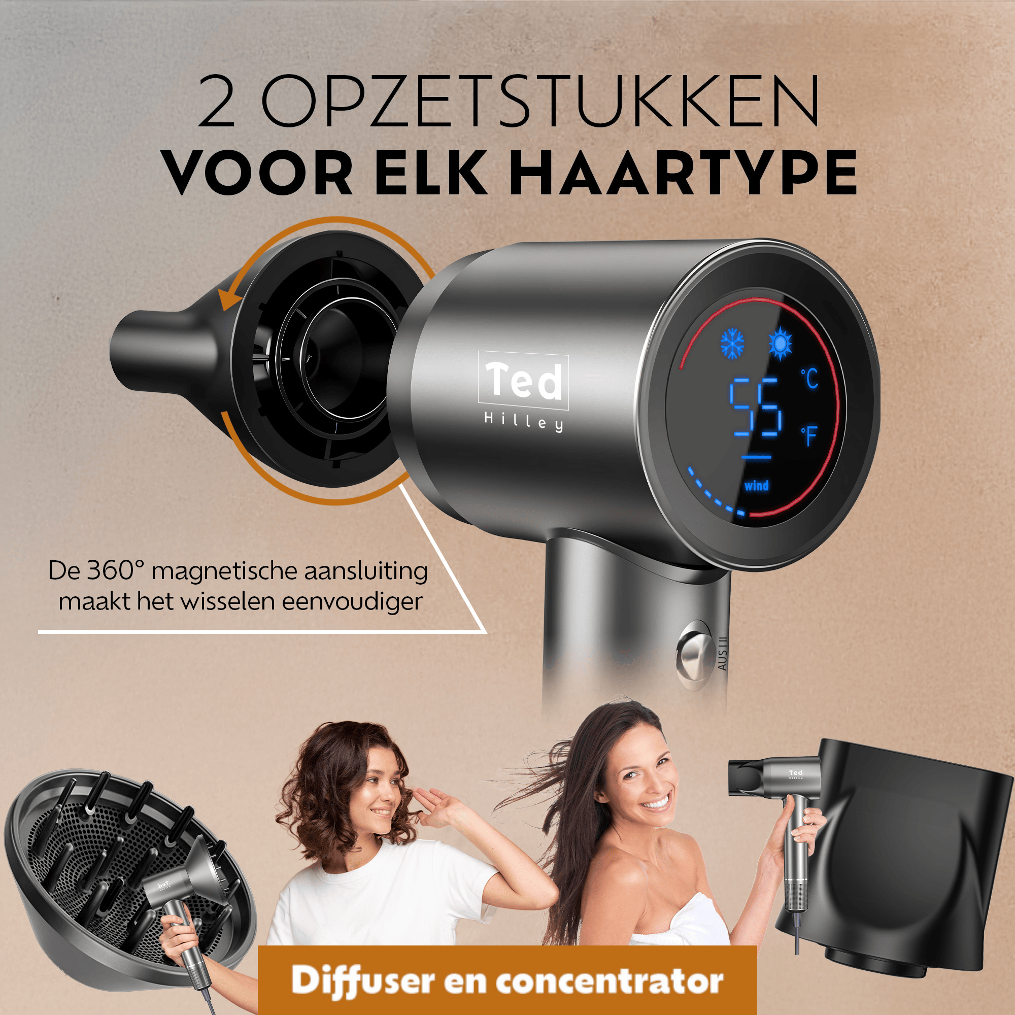 Ted Hilley ionische föhn met HD-display, diffuser en twee concentrator-opzetstukken voor snel drogen, glad stylen en optimale controle.