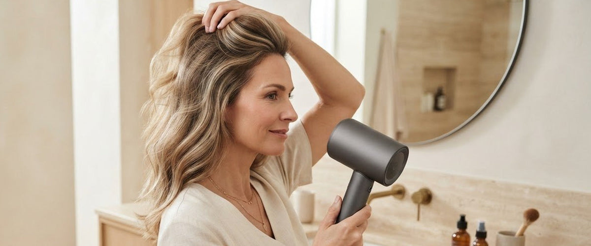 Vrouw tilt de aanzet van haar haar op terwijl ze föhnt voor meer volume