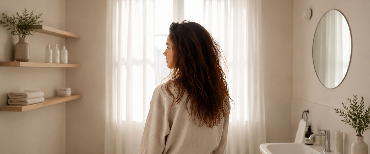 Waarom wordt mijn haar pluizig na het föhnen? Vrouw bekijkt pluizig haar in de spiegel na het föhnen