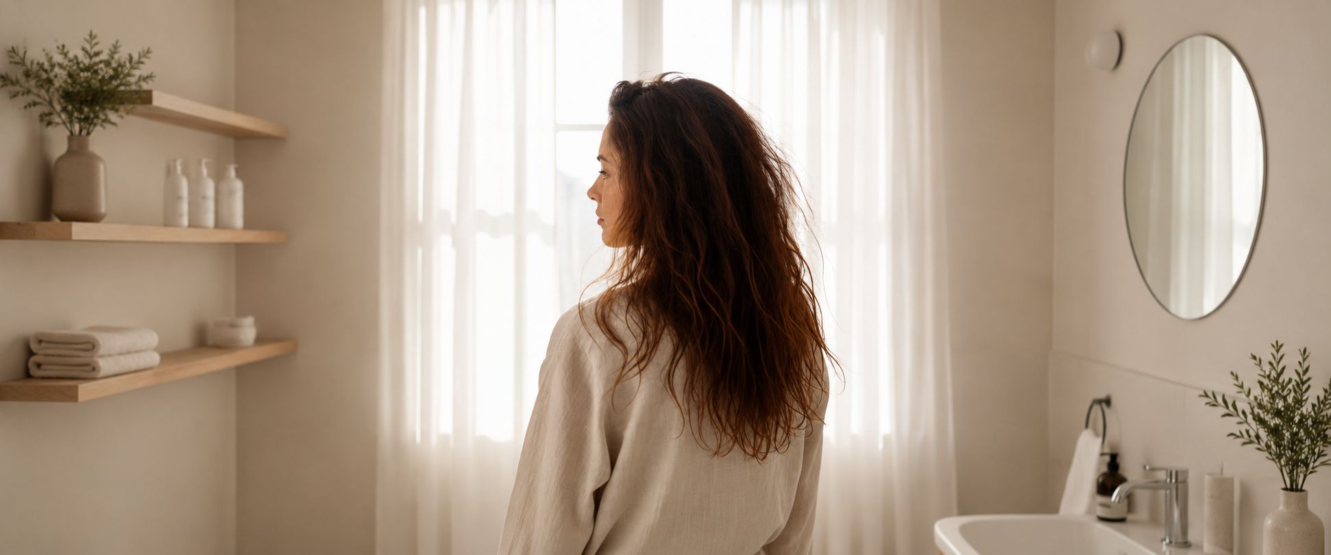 Waarom wordt mijn haar pluizig na het föhnen? Vrouw bekijkt pluizig haar in de spiegel na het föhnen