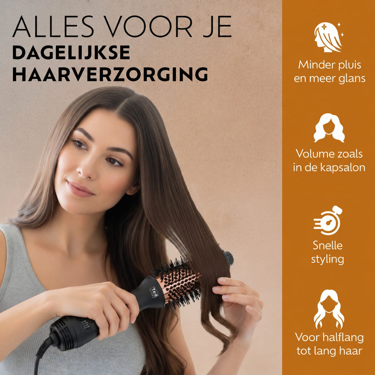 Vrouw föhnt en stylet lang haar met de Ted Hilley DuoStyle föhnborstel