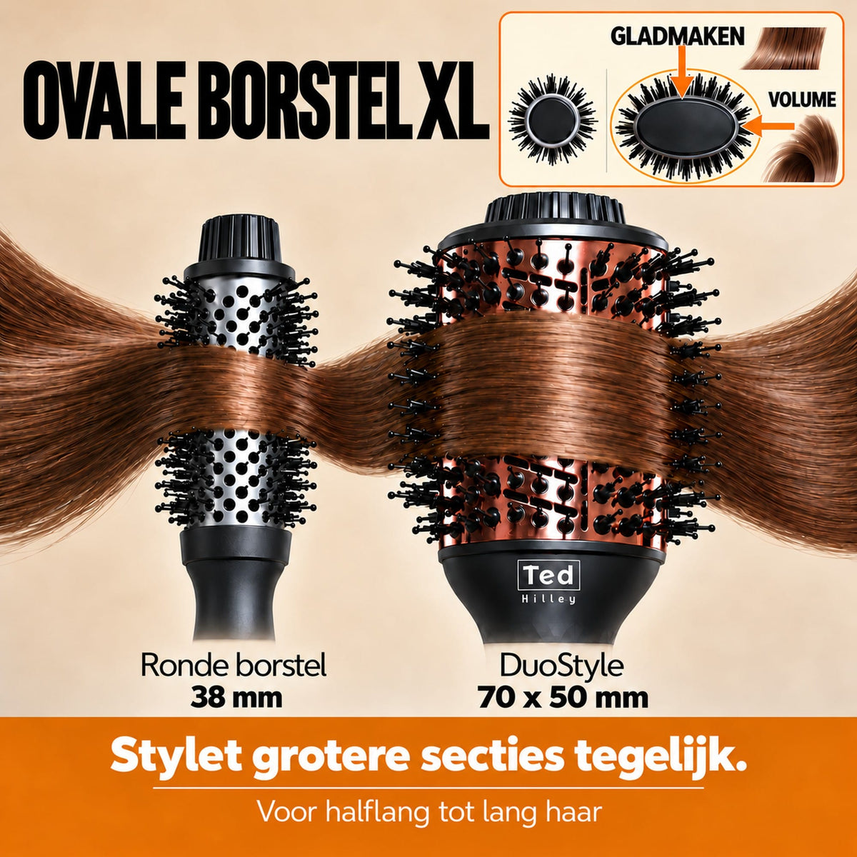 Ovale borstel XL van 70 x 50 mm naast een ronde borstel van 38 mm, stylet grotere secties tegelijk