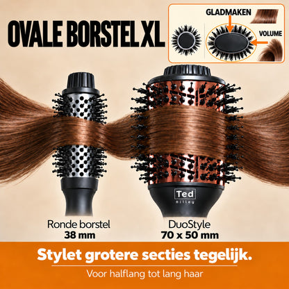 Ovale borstel XL van 70 x 50 mm naast een ronde borstel van 38 mm, stylet grotere secties tegelijk