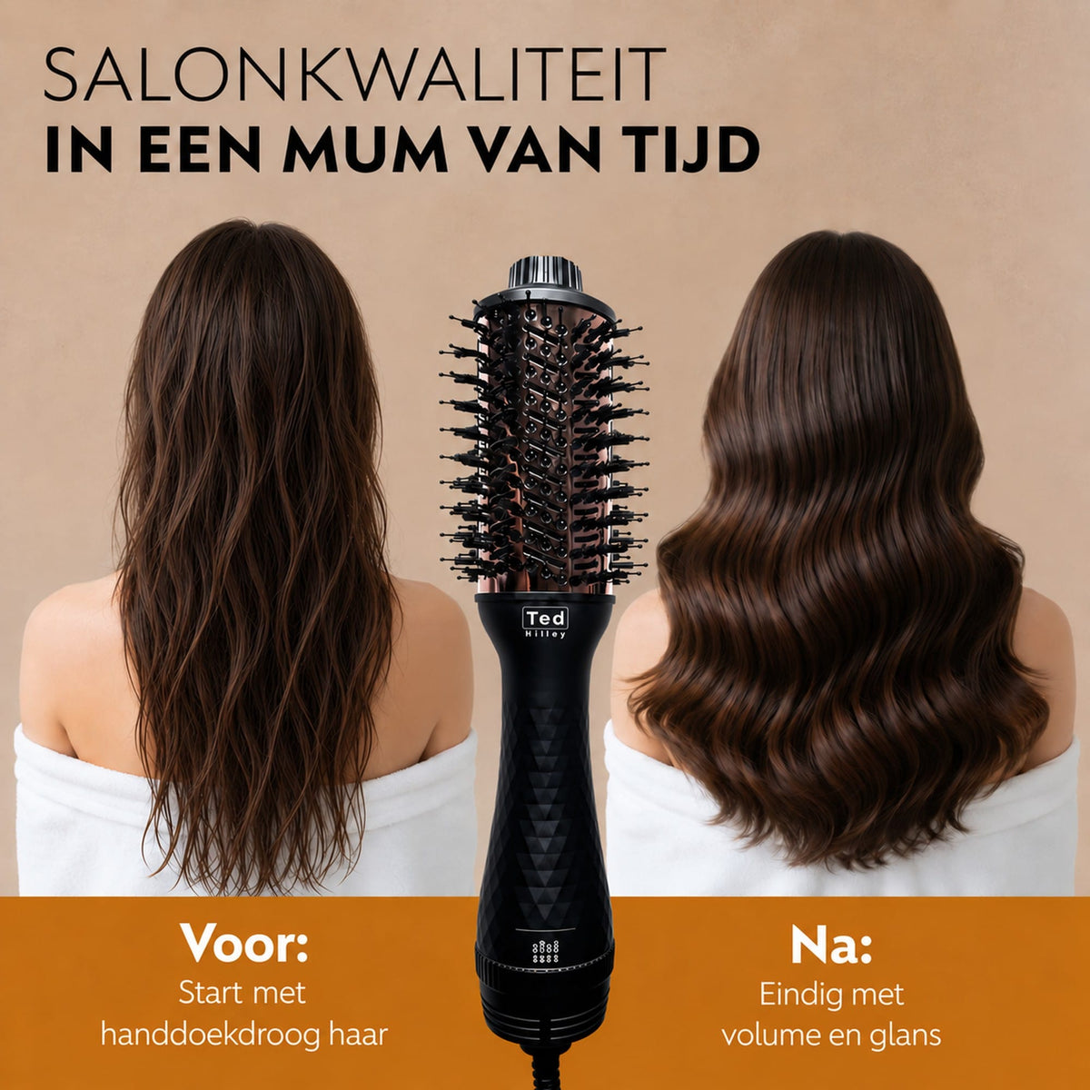Voor en na met de Ted Hilley DuoStyle föhnborstel: van handdoekdroog haar naar volume en glans