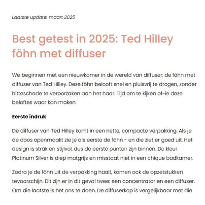 Screenshot van een review waarin de Ted Hilley ionische föhn met diffuser wordt uitgeroepen tot een van de best geteste föhns van 2025, met aandacht voor design, prestaties en droogresultaat.