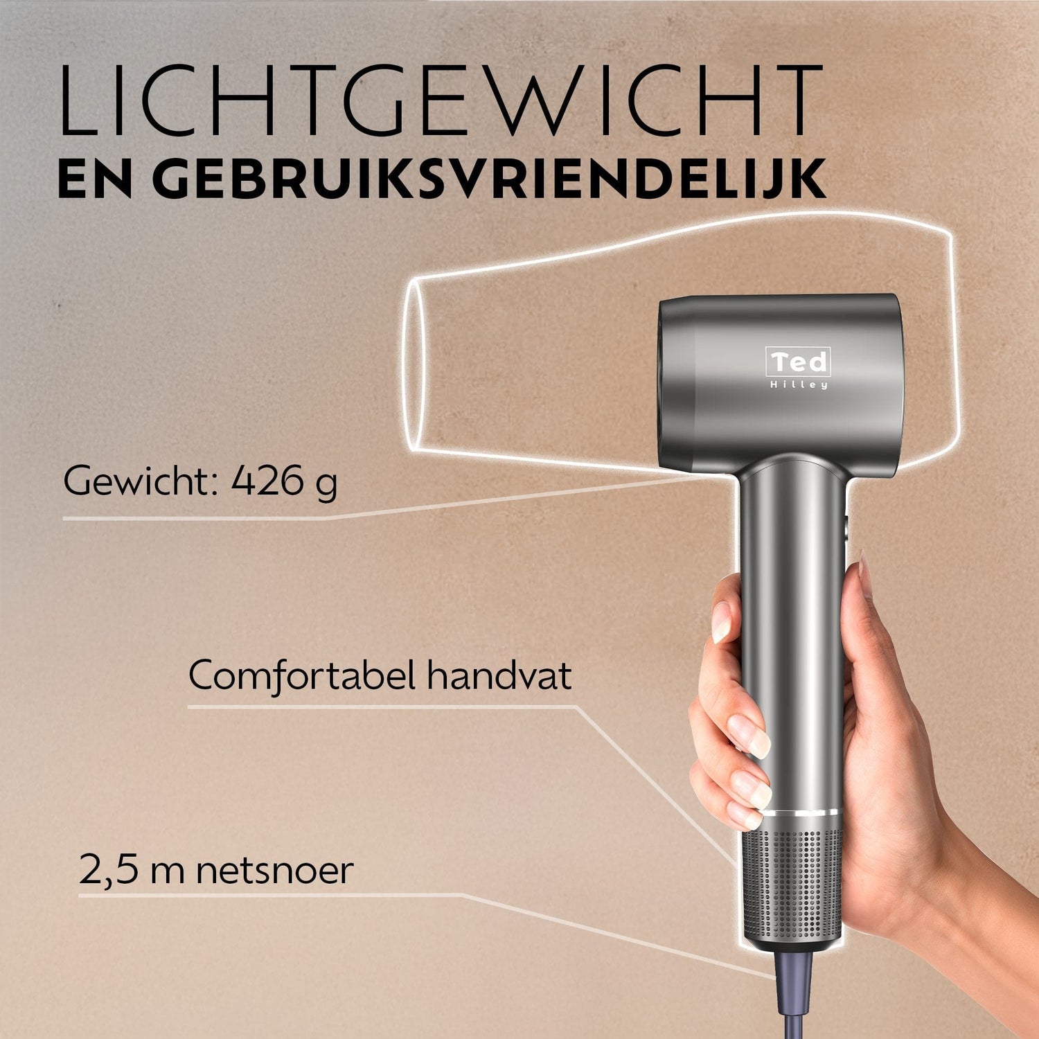 Ted Hilley ionische föhn met lichtgewicht ontwerp van 426 gram, comfortabel handvat en 2,5 meter snoer voor moeiteloos en comfortabel föhnen zonder vermoeide armen.
