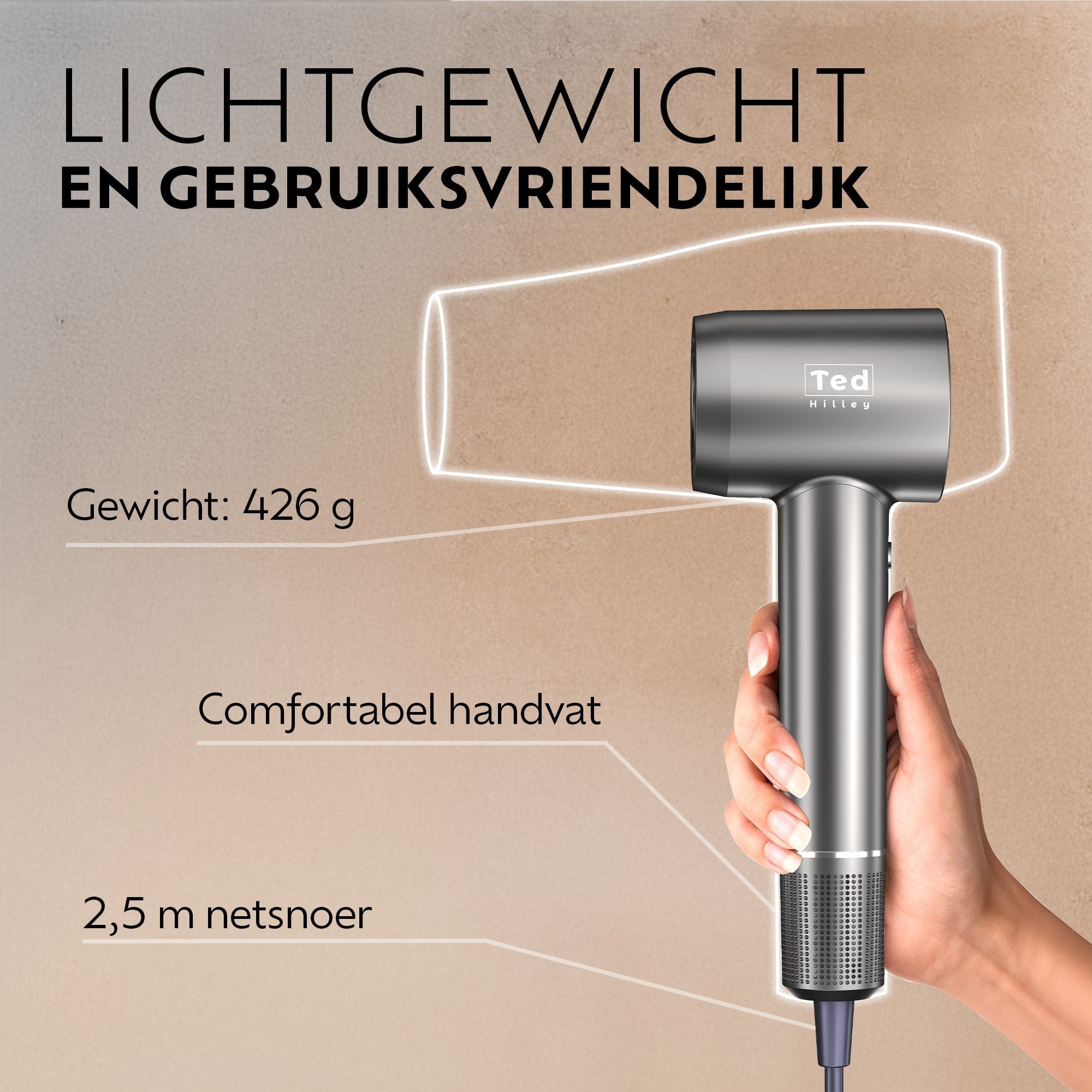 Ted Hilley ionische föhn met lichtgewicht ontwerp van 426 gram, comfortabel handvat en 2,5 meter snoer voor moeiteloos en comfortabel föhnen zonder vermoeide armen.