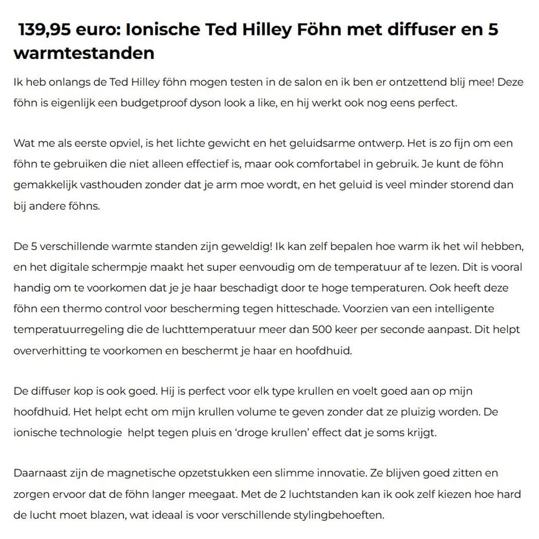 positieve review over de Ted Hilley ionische föhn met diffuser, waarin de krachtige motor, vijf warmtestanden, ThermoControl, diffuser en het lichte gewicht worden beoordeeld.