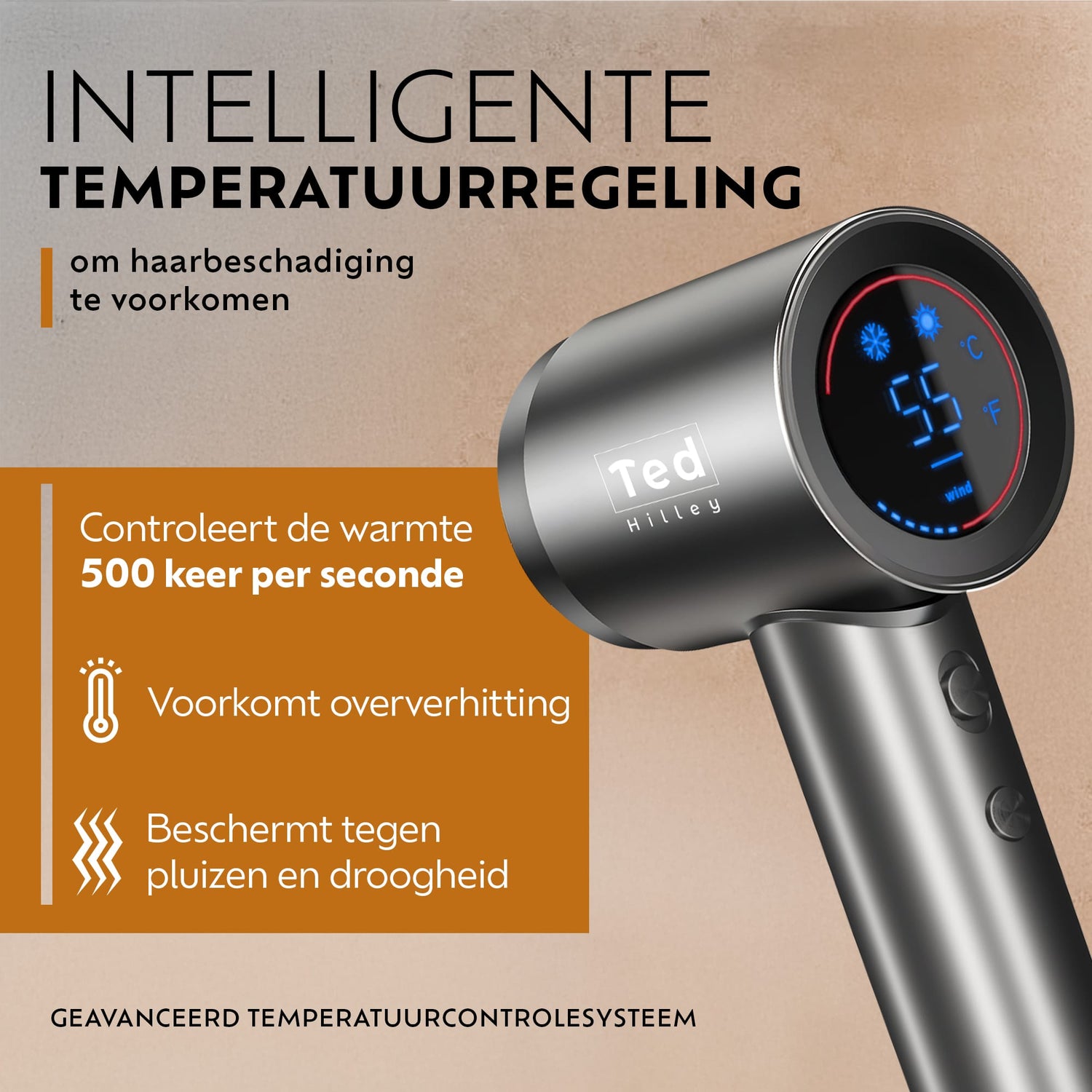 Ted Hilley ionische föhn met HD-display en intelligente ThermoControl-technologie die de temperatuur 500 keer per seconde meet om oververhitting, pluis en uitdroging van het haar te helpen voorkomen.