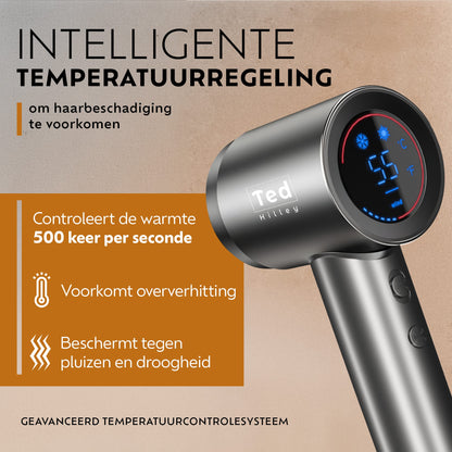 Ted Hilley ionische föhn met HD-display en intelligente ThermoControl-technologie die de temperatuur 500 keer per seconde meet om oververhitting, pluis en uitdroging van het haar te helpen voorkomen.