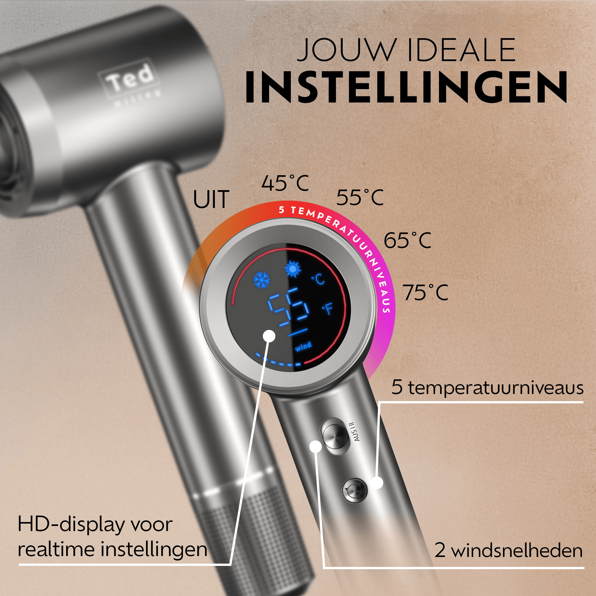 Ted Hilley ionische föhn met HD-display, intelligente temperatuurregeling en krachtige luchtstroom voor snel drogen en bescherming tegen hitteschade.